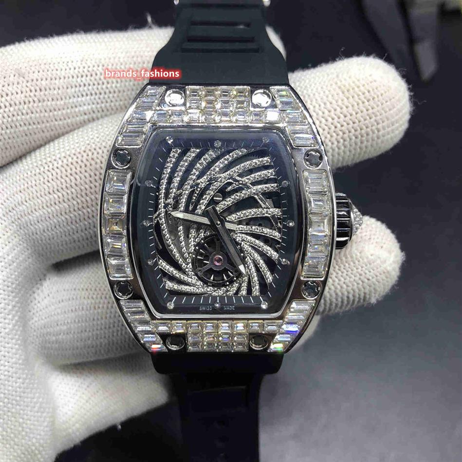 Hip Hop Herren-Trend-Armbanduhr mit Diamantgehäuse, große Diamant-Lünette, Uhren mit schwarzem Kautschukarmband, automatische mechanische Uhr W302U