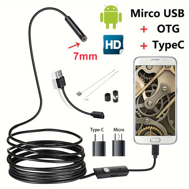 7MMHD Lens Industrial Endoscope: IP67 Vattentät verktyg för bilreparation, luftkonditioneringsavloppsrörsdetektering - Android Type -C -gränssnitt