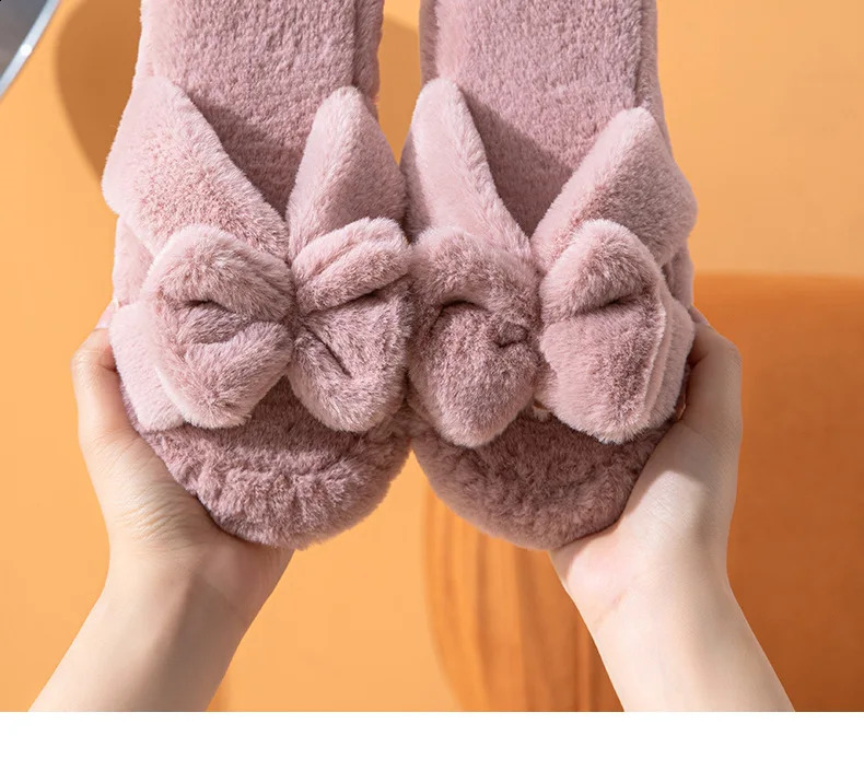 Open Solid Slippers Color Rabbit Hair Toe Female Indoor Home Wood Floor Warm Stretch Soft Bottom Winter