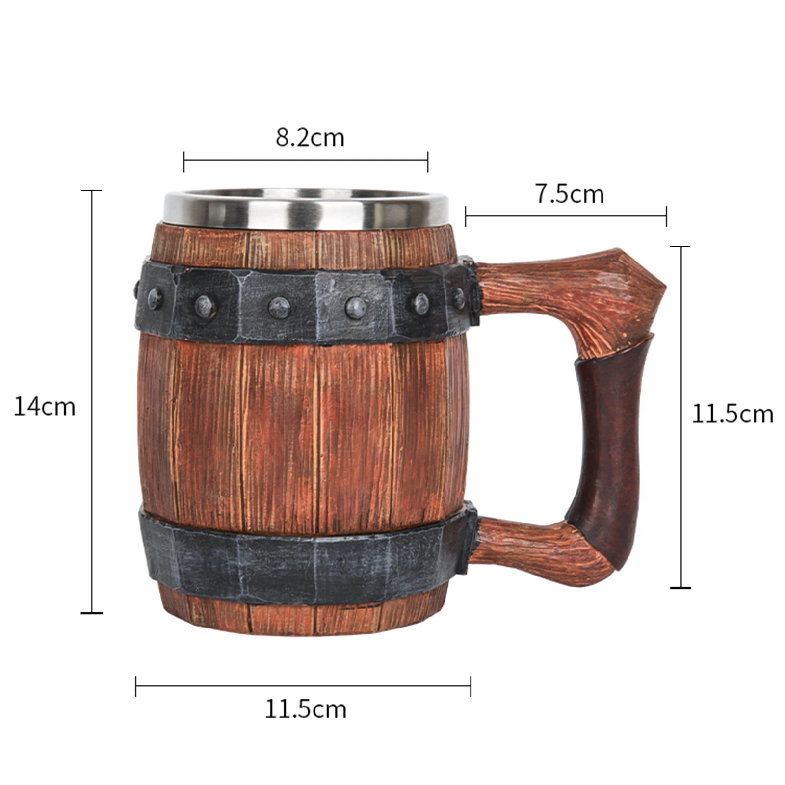 Decorative Objects Figurines Viking Wood Barrel Beer Mug with Rivet Leather Viking Style Resin Stainless Steel Tankard Coffee Wine Cup Christmas Men's Gift 231218