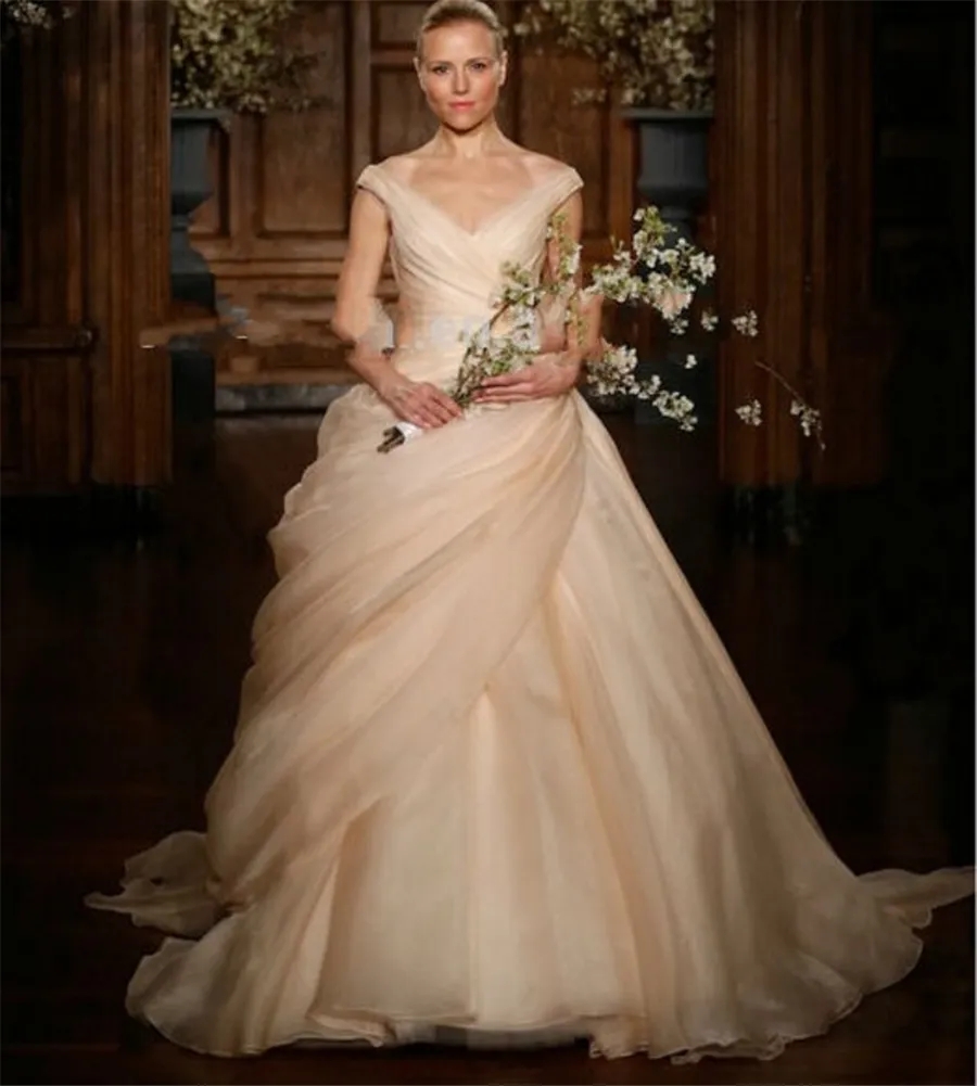 Abiti da sposa con abito da ballo rosa cipria Abiti da sposa lunghi con scollo a V drappeggiati laterali Abiti da sposa da sposa principessa Vestido De Novia