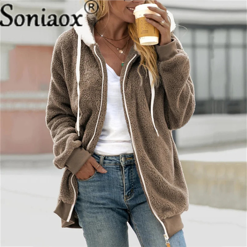 Sudaderas con capucha para mujer Sudaderas Otoño Invierno Mujer Abrigo de felpa Moda Chaquetas con cremallera con capucha Casual de gran tamaño Color sólido Piel sintética Cálida Chaqueta Parka para mujer 231218