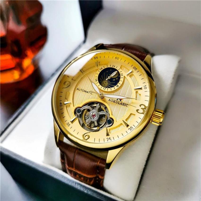 Horloges Automatisch Horloge Heren Gouden Waterdicht Mechanisch Horloge Maanfase Casual Lederen Tourbillon Klok Montre214G