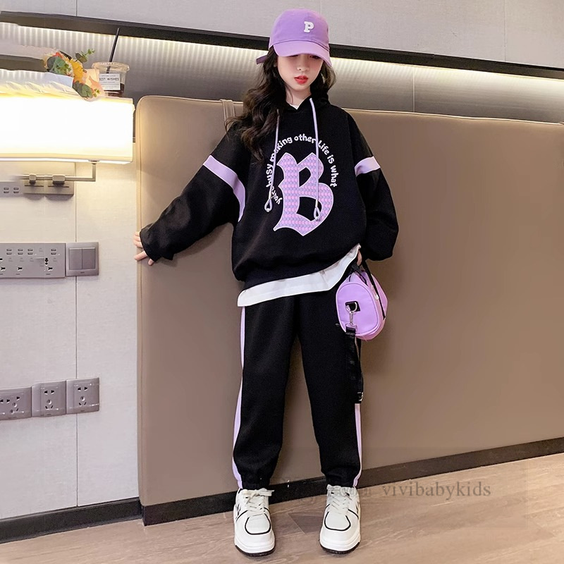Big girls leter printed clothes sets old kids hooded long sleeve sweatshirt loose pants 2024 spring teenagers casual outfits Z6170