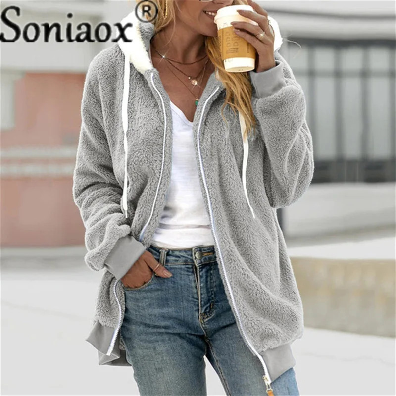 Sudaderas con capucha para mujer Sudaderas Otoño Invierno Mujer Abrigo de felpa Moda Chaquetas con cremallera con capucha Casual de gran tamaño Color sólido Piel sintética Cálida Chaqueta Parka para mujer 231218