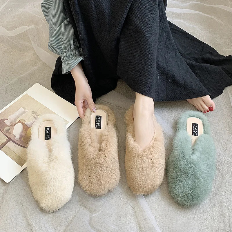 Slippers Autumn Winter Rabbit Hair Baotou Flat Slippers Net Red with The Same Style Outside Wear Plush Half Slippers Female 231219