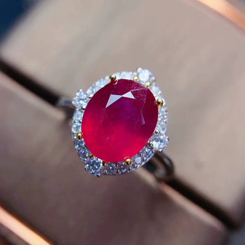 Elegant Ruby Ring for Wedding 8mmx10mm 3ct Natural Heated Ruby Engagement Ring 925 Silver with 3 Layers Gold Plating