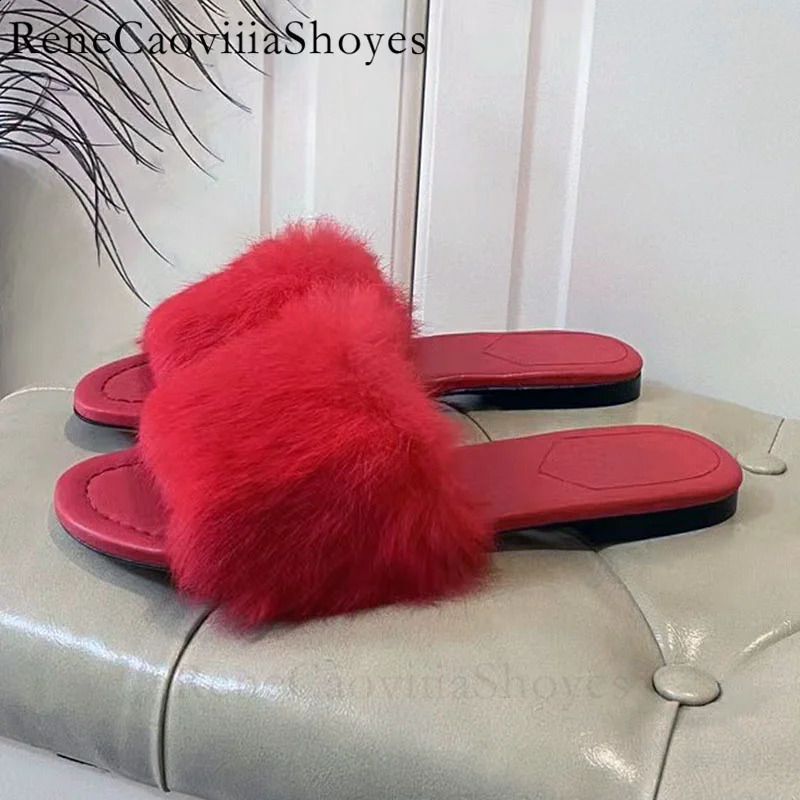 Slippers Selling Candy Colored Flat Slippers Woman Rabbit Hair Walk Show Slides Female Fur Outdoors Comfort Mules Shoes Women 231219