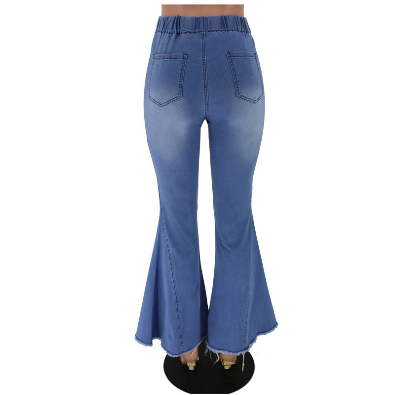 Women Flare Jeans Casual Pants Knee Holes Tassels Bleached Fashional High Elastic Waist Fit Female High Quality 