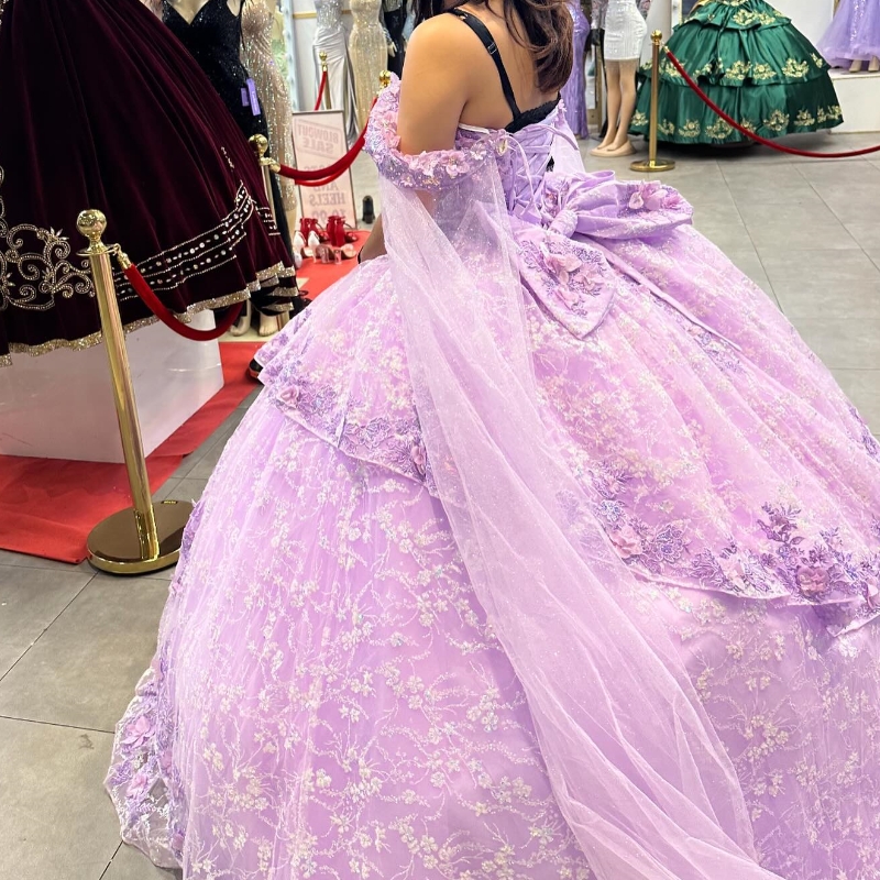 Vestido de baile de lavanda quinceanera, ombro de fora, flores 3d, apliques de renda, miçangas, com capa, espartilho, vestidos para xv anos