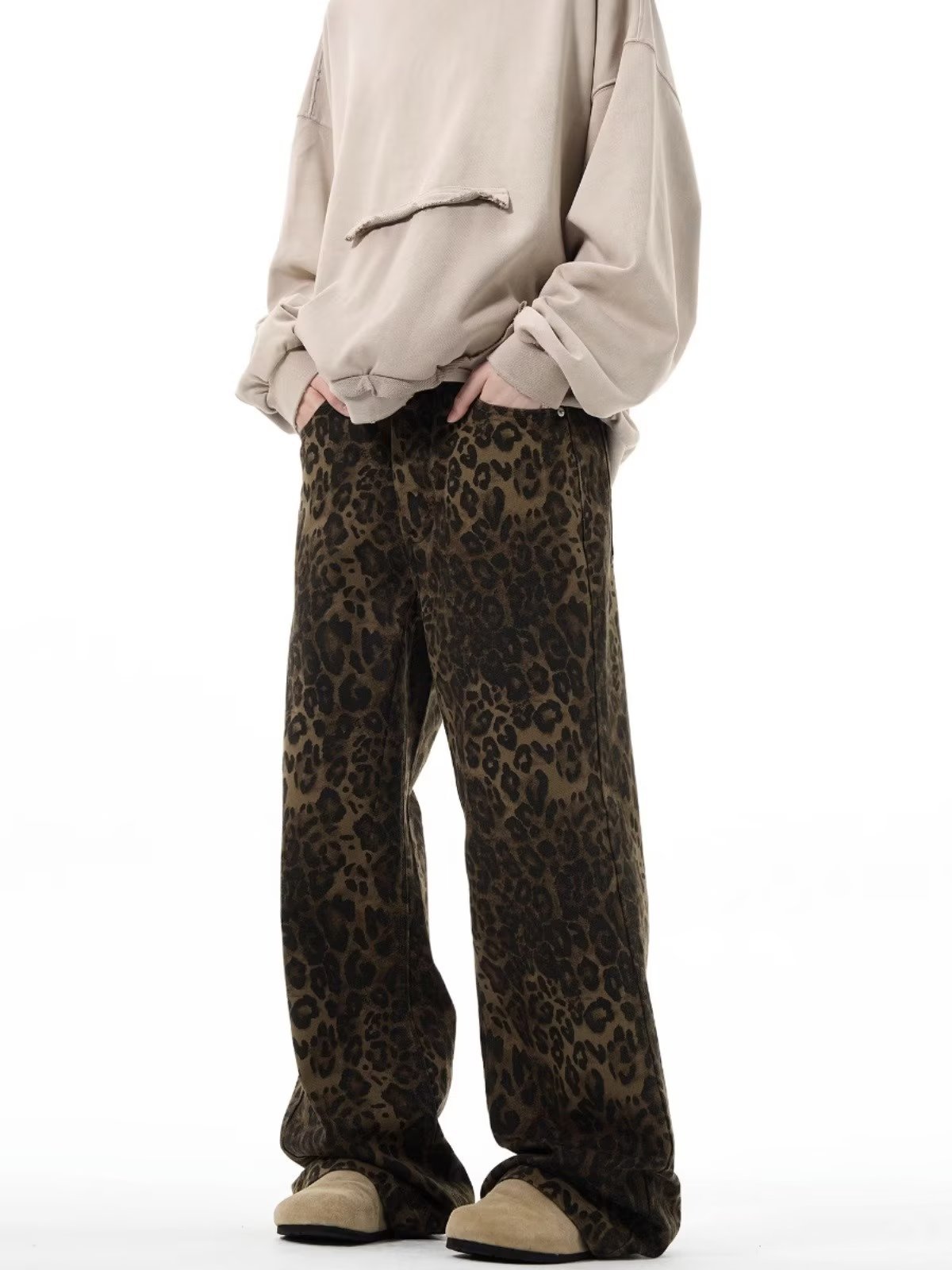 Vintage Leopard Print Jeans Straight Leg Loose Men's Casual High-grade Fashion Pants