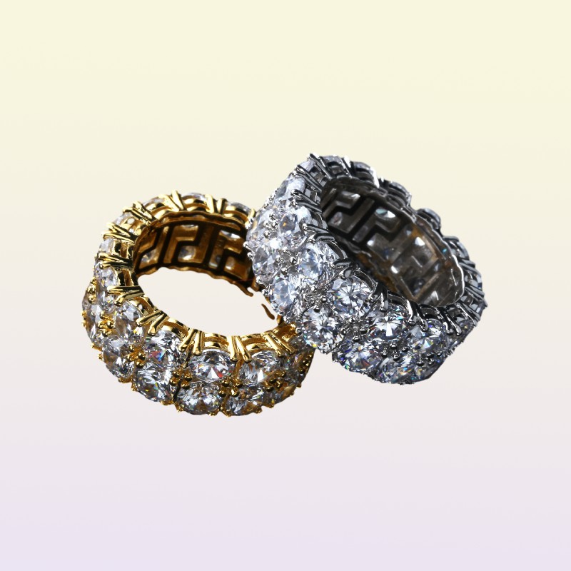 712 New Gold Silver Color Plated Micro Paved 2 Row Chain Zircon Hip Hop Finger Rings for Men Women7796673