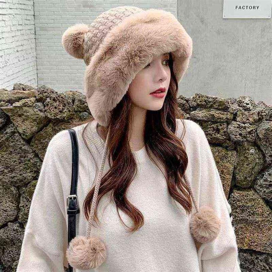 Black Wool Ball Russian Snow Winter Fluffy Plush Thick Fur Hat Faux Fox Furry Cap Head Warmer Outdoor Headgear Women Girl Men Y21304Q