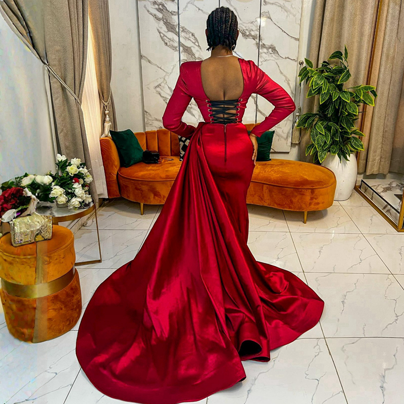 Red Elegant Evening Dresses for Special Occasions Prom Dresses for Black Women Backless Long Sleeves High Split Sexy Birthday Party Gowns Dinner Simple Gowns NL058