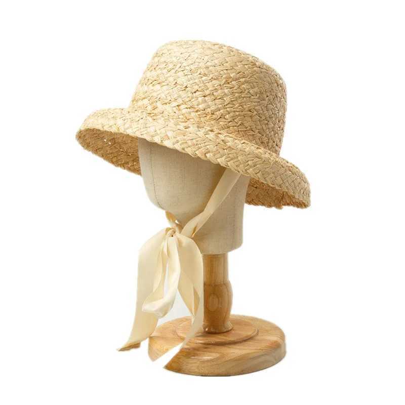 Wide Bim Hats Eimer Hüte handgewebtes Sonnenhut Rafia Retro Sommerreisen Sunny Beach Urlaub mit Spitze für Kinder und Erwachsene in den Ferien J240429 geeignet