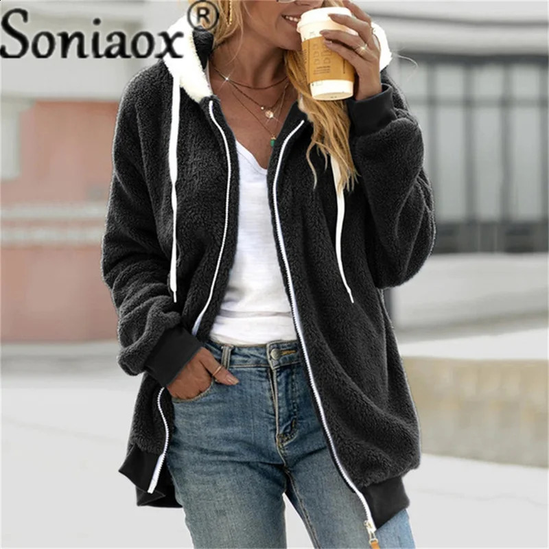 Sudaderas con capucha para mujer Sudaderas Otoño Invierno Mujer Abrigo de felpa Moda Chaquetas con cremallera con capucha Casual de gran tamaño Color sólido Piel sintética Cálida Chaqueta Parka para mujer 231218