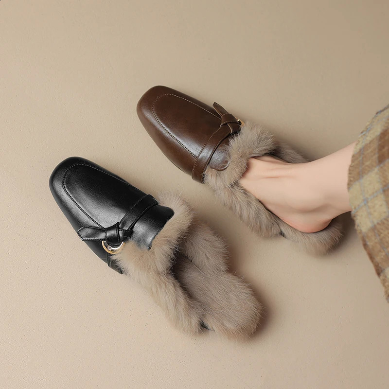 Hair Cowhide Rabbit Metal Buckle Autumn Muller Shoes Golden Veet Retro Fashion Outwear Slippers