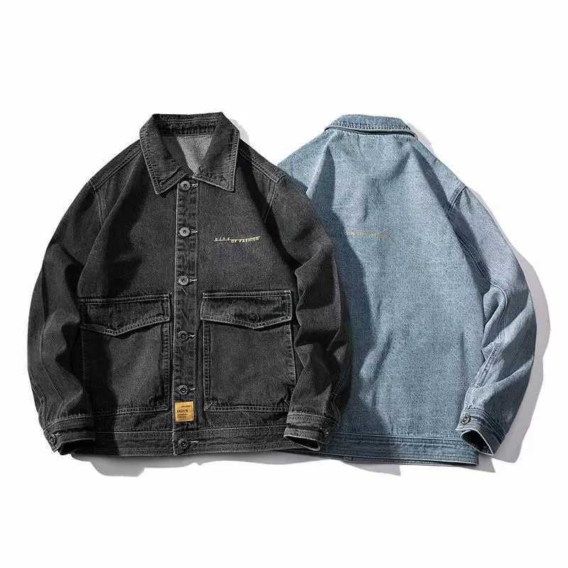 Men's Jackets Mens Loose Jeans Jacket Fashion Streetwear Blue Dark Gray Denim Coat OutwearL231026