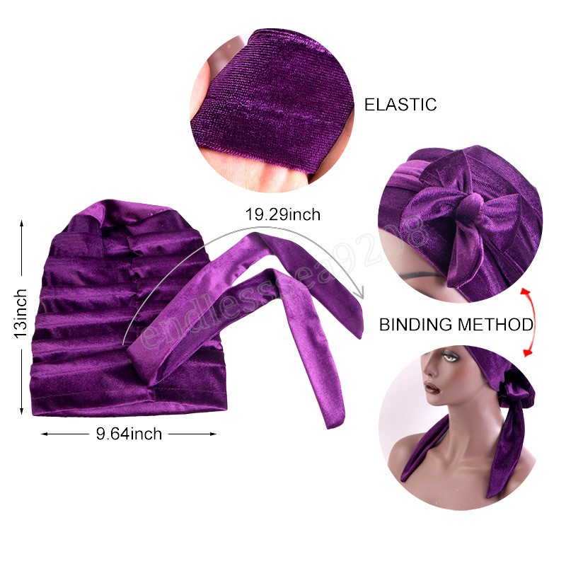 New Women Velvet Turban with Ribbon Head Wrap Beanie Hair Loss Chemo Slouchy Baggy Cap Bonnet African Nigerian Headwear