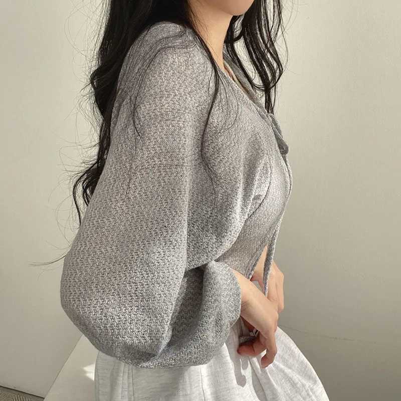 Women's Sweaters Lucyever White Knitted Cardigan Women Summer Thin Sunscreen Lace-Up Knitwear Tops Female Korean Style Lantern Sleeve Short CoatL231213