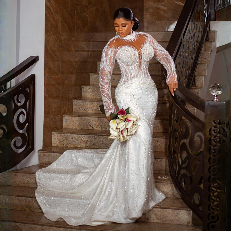 Роскошные свадебные платья Aso Ebi больших размеров, Русалка с высоким воротом и длинными рукавами, элегантные свадебные платья для африканских черных женщин, кружевное платье для невест, иллюзорное платье D070