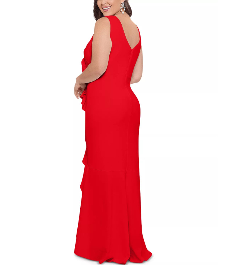 Langes rotes Vintage-Kleid für die Brautmutter mit V-Ausschnitt und Schlitz/Rüschen im Meerjungfrau-Stil, bodenlang, Kleid für die Mutter des Bräutigams, Patenkleid für Frauen