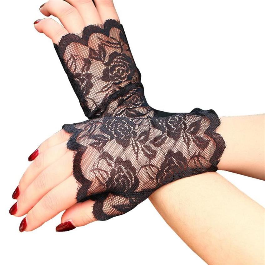 Mode femmes dentelle florale longs gants sans doigts demi-doigt gants en résille mitaine creuse solide été crème solaire noir 2020 New174i