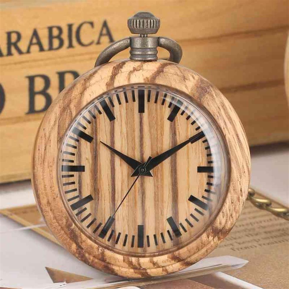 Prosty drewniany łańcuch zegarków kieszonkowych retro drewniane okrągłe wybieranie 12 -godzinne Wyświetlacz kwarcowy kieszonkowy kolekcje sztuki dla men275d