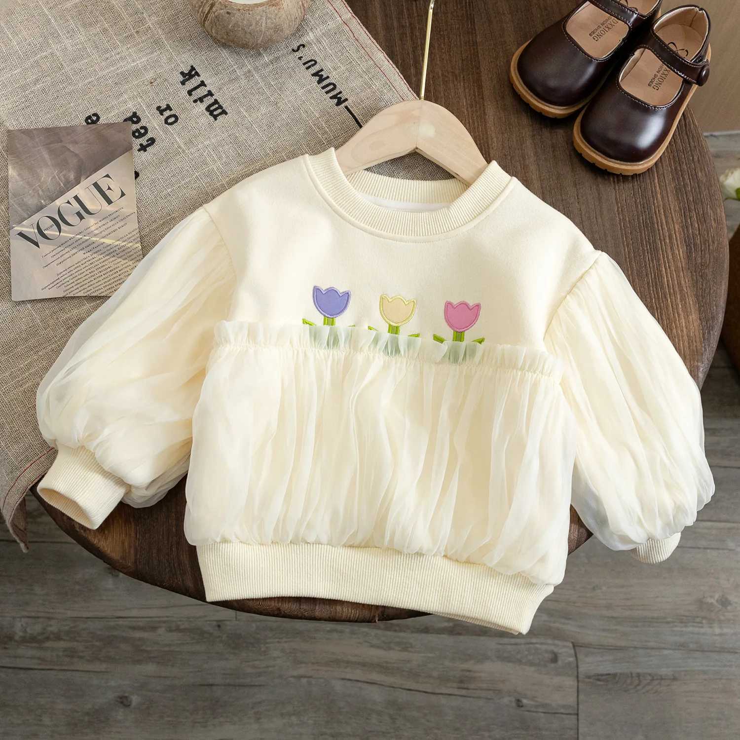 Pullover Girls Sweatshirt Lace Flower Sweater For Kids 2023 Spring Autumn Flower Embroidery Baby Tops Children's Clothes Korean StyleL231215