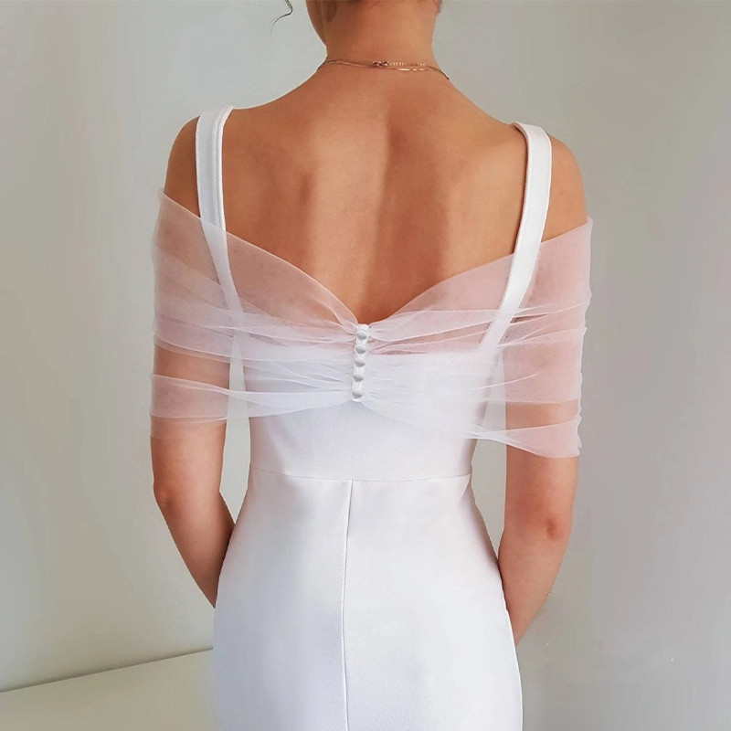 Wit Ivoor Tule Wrap Voor Bruidsvrouwen Bolero Sjaal Geplooide Sheer Jackets Bruiloft Off-the-shoulder Elegante Formele Sjaal Met Knoop Customizabl CL2540