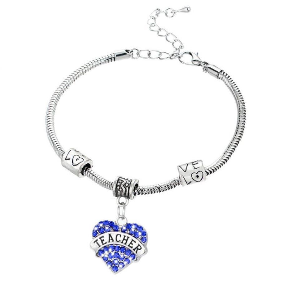Whole- Heart Blue Crystal Teacher Gifts Bracelets Charm Bangle Bracelet Teacher's Day Souvenirs269C