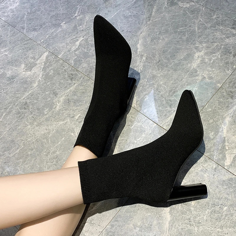 Simple fashion stretch socks boot's high heels shoes knit boots skinny women pointed autumn and winter bare 240111