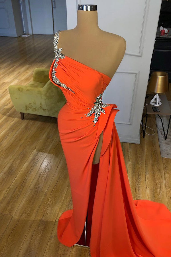 Chic Coral Evening Dresses Sexy Thigh Slit One Shoulder Evening Prom Gowns Arabic Aso Ebi Silver Sequins Rhinestones Formal Party Wear Women Robe de Soiree CL0139