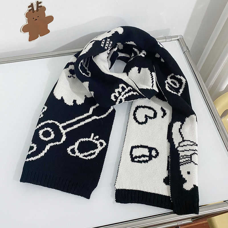 Schals Neuer koreanischer Strickschal, niedlicher kleiner Bär, Gitarre, doppelseitiger Schal für Frauen im Herbst und Winter, warme Paare, vielseitiger Trend, L249