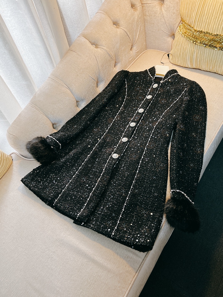 2024 Spring Black Solid Color Beaded Tweed Dress Long Sleeve Stand Collar Sequins Single-Breasted Casual Dresses J3D188286