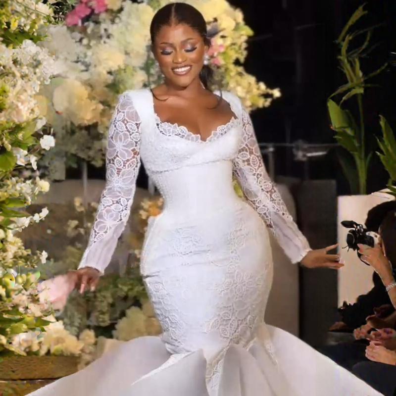 2024 Plus Size Aso Ebi Wedding Dresses Mermaid Elegant Long Sleeves Lace Organza Beded Bridal Dression for African Black Women Long Sleeves Bridal Dons CDW085