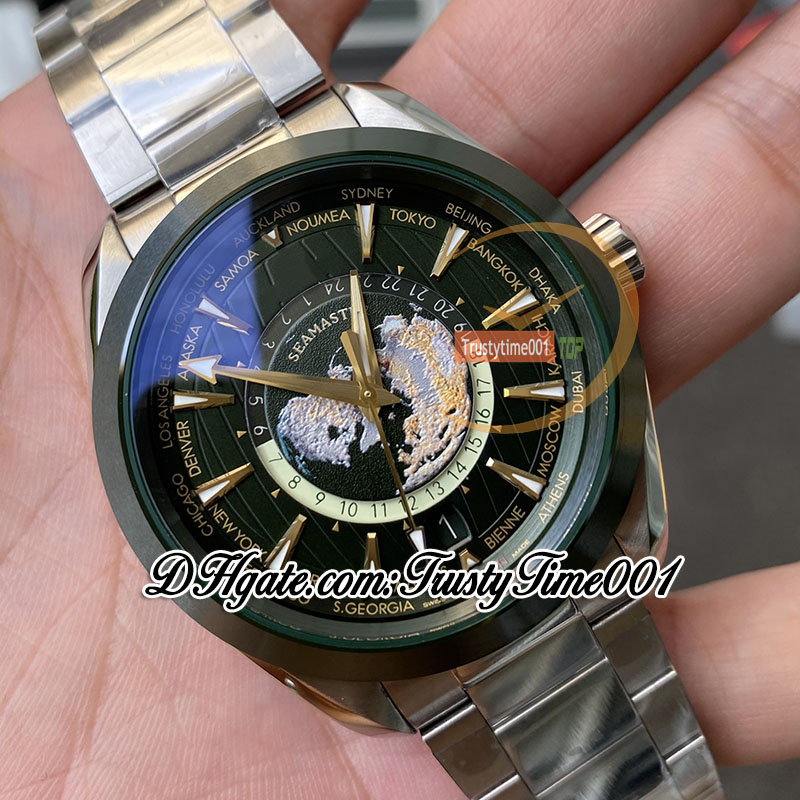 VSF Aqua 150M 220.30.43.22.10.001 GMT WorldTimer A8938 자동 남성 시계 43mm Green Ceramic Bezel 스테인리스 스틸 브레이슬릿 슈퍼 에디션 TrustyTime001Watches