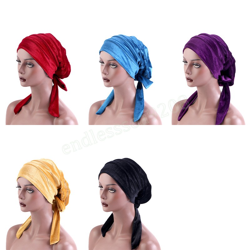 New Women Velvet Turban with Ribbon Head Wrap Beanie Hair Loss Chemo Slouchy Baggy Cap Bonnet African Nigerian Headwear