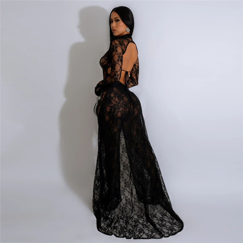 2024 Designer Sexy Hollow Out Macacões Mulheres Backless Sheer Lace Macacão Manga Longa Perna Larga Ver Através de Macacões Night Club Wear Roupas por atacado 10446