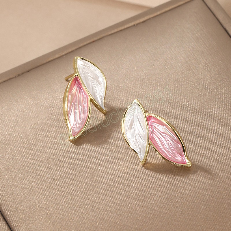 Korean Double Leaves Multicolor Stud Earrings for Women Vintage Retro Geometric Plant Ear Jewelry Green Pink Red Color