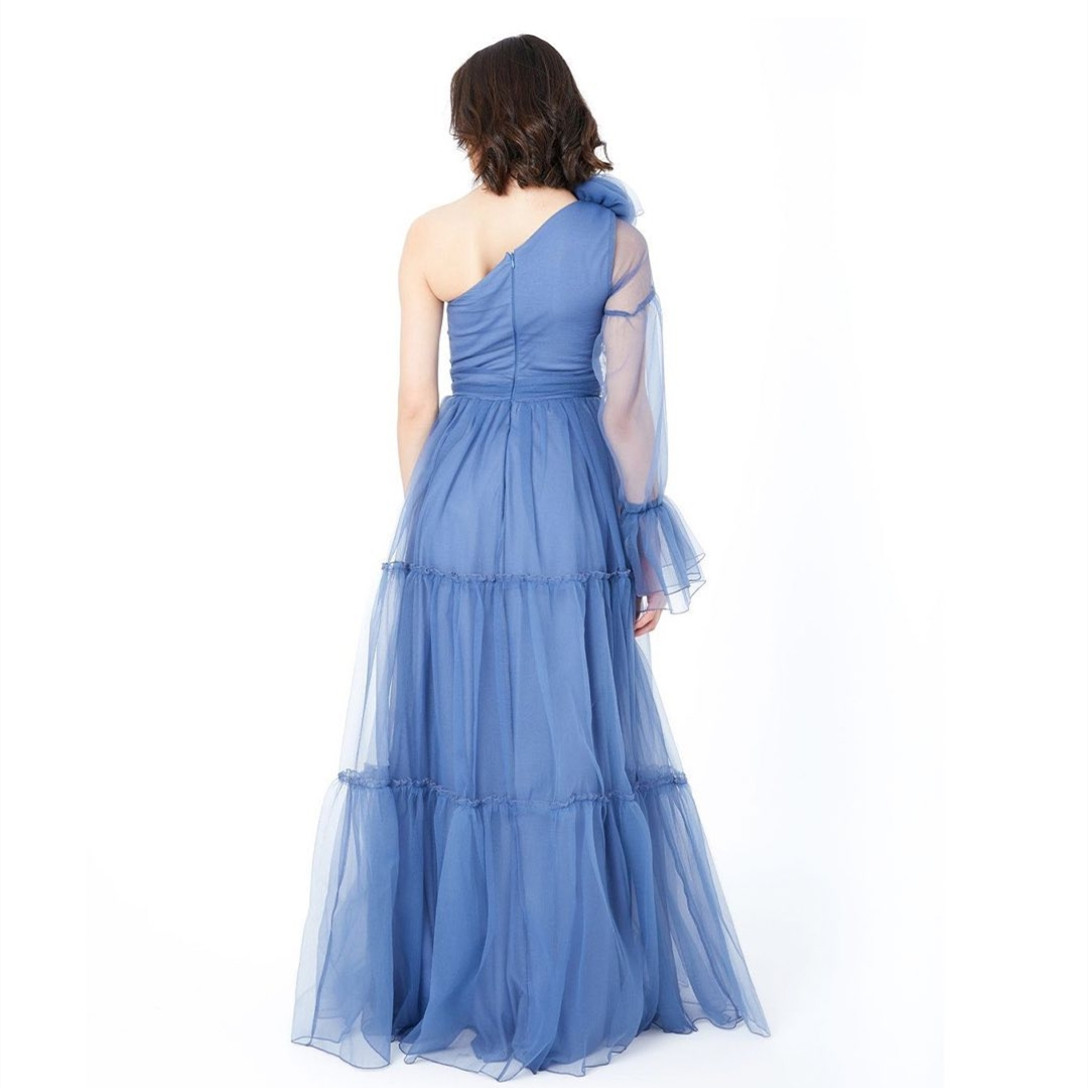 Elegantes, langärmliges, blaues Tüll-Abschlussballkleid, A-Linie, einschultriges, rotes, bodenlanges Partykleid, Maxi-formale Abendkleider für Damen