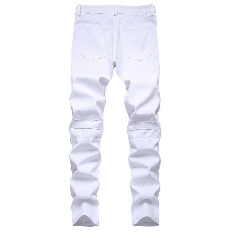 Men's Jeans European and American white motorcycle denim jeans personalized mens fashionable ripped pants plus sizeL2404