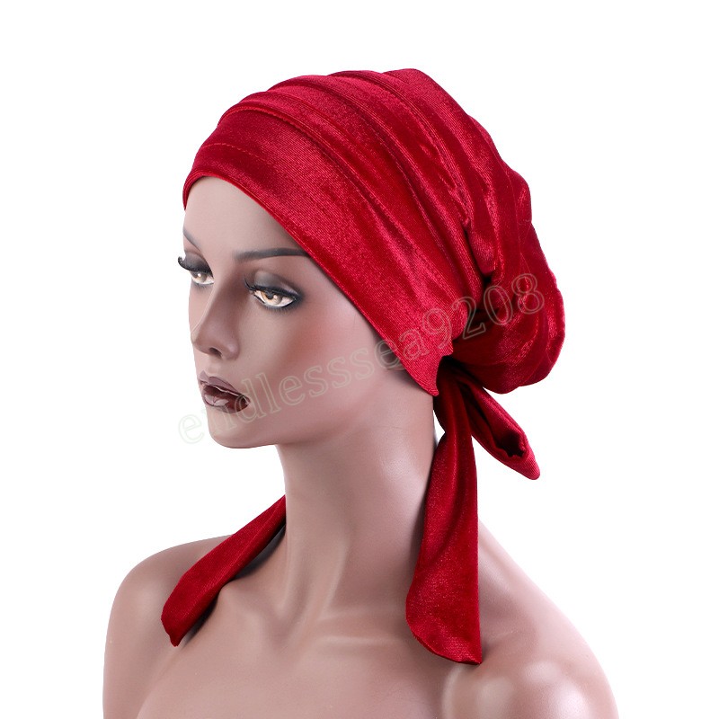 New Women Velvet Turban with Ribbon Head Wrap Beanie Hair Loss Chemo Slouchy Baggy Cap Bonnet African Nigerian Headwear