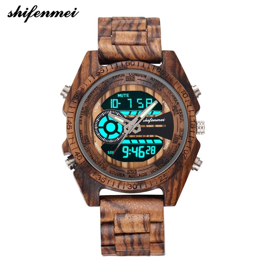 Shifenmei 2139 Antique Mens Zebra i Ebony Wood Watches z podwójnym wyświetlaczem Business Watch w drewnianym cyfrowym kwarcu zegarek Y190515270J