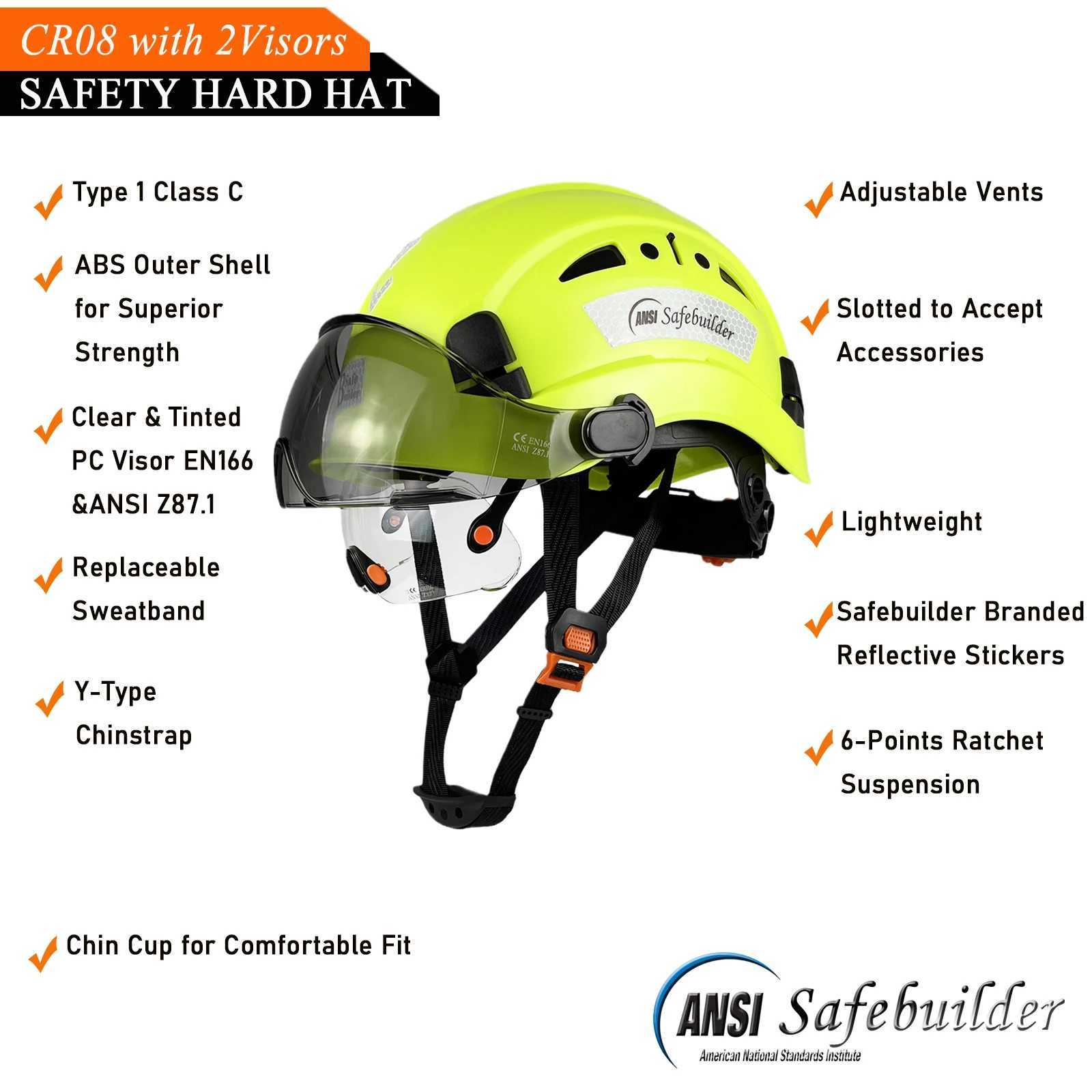 クライミングヘルメット構造ハードハットセーフティヘルメットは、エンジニアのためのゴーグルを組み込んだバイザーを備えたハードハットハードハットANSIインダストリアルワークキャップメンヘッド保護