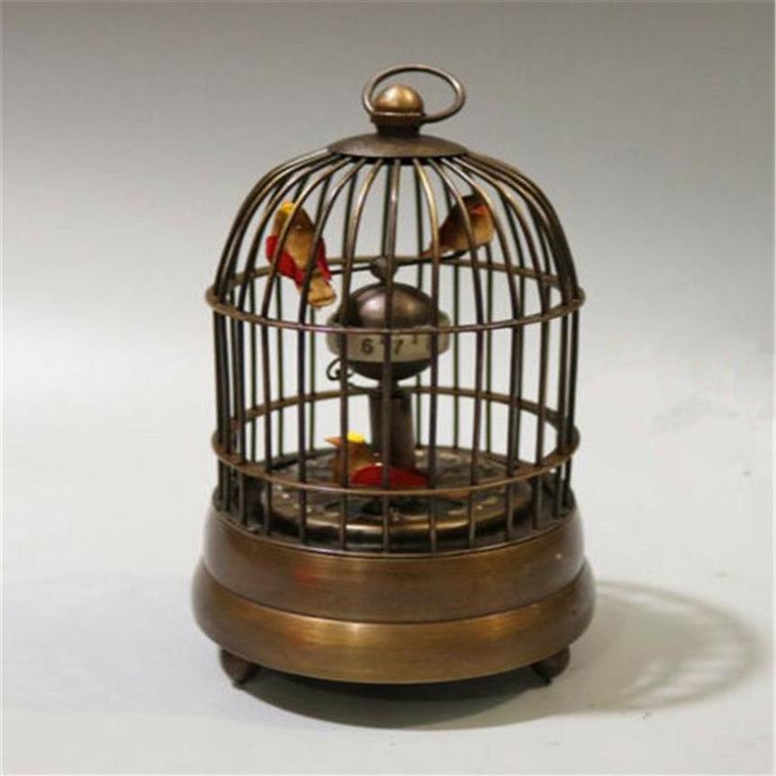 Horloge de Table mécanique en cuivre, décoration de collection, vieux travail manuel, deux oiseaux en Cage, 209n