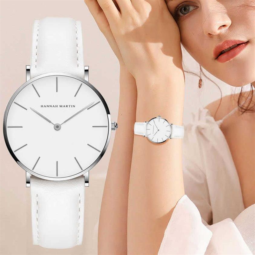 Hannah Martin Casual Ladies Watch With Leather Strap Waterproof Women Watches Silver Quartz Wrist Watch White Relogio Feminino 210275E