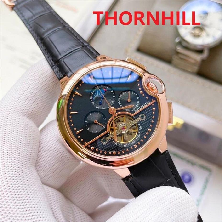 heren mechanische automatische romeinse maan horloges klassieke stijl 48mm zwart bruin lederen band 5ATM waterdicht super heldere wri242L