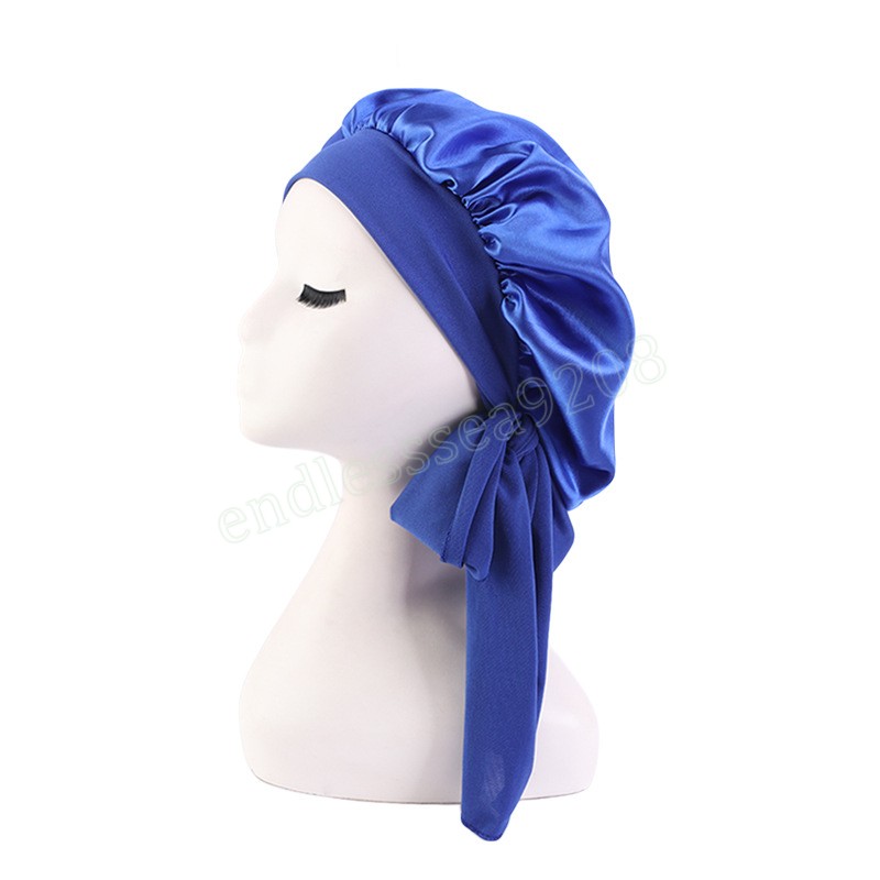 New Women Satin Sleeping Hat Wide Stretchy Band Long Tail Bonnet With Head Tie Band Bonnet Edge Wrap For Curly Dreadlock Braid