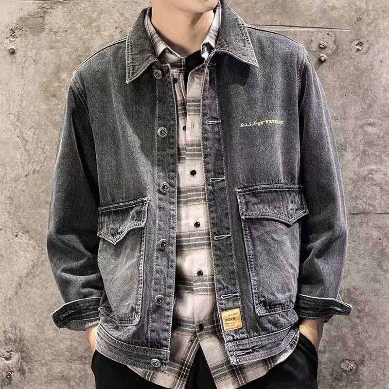 Men's Jackets Mens Loose Jeans Jacket Fashion Streetwear Blue Dark Gray Denim Coat OutwearL231026